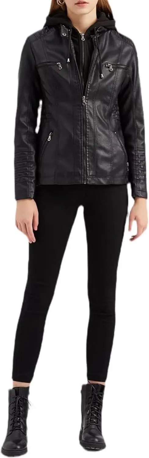 Hooded Leather Jacket Women, Zip up Motorcycle Short PU Moto Biker Outwear, Plus Size Slim Coat Hoodies
