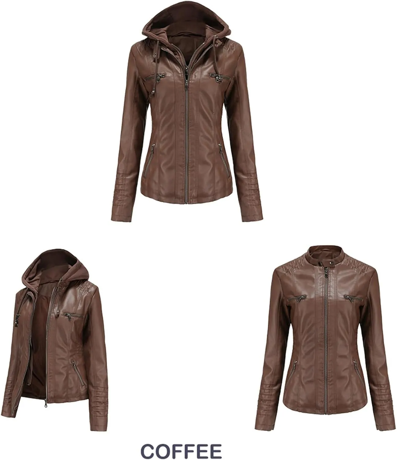 Hooded Leather Jacket Women, Zip up Motorcycle Short PU Moto Biker Outwear, Plus Size Slim Coat Hoodies