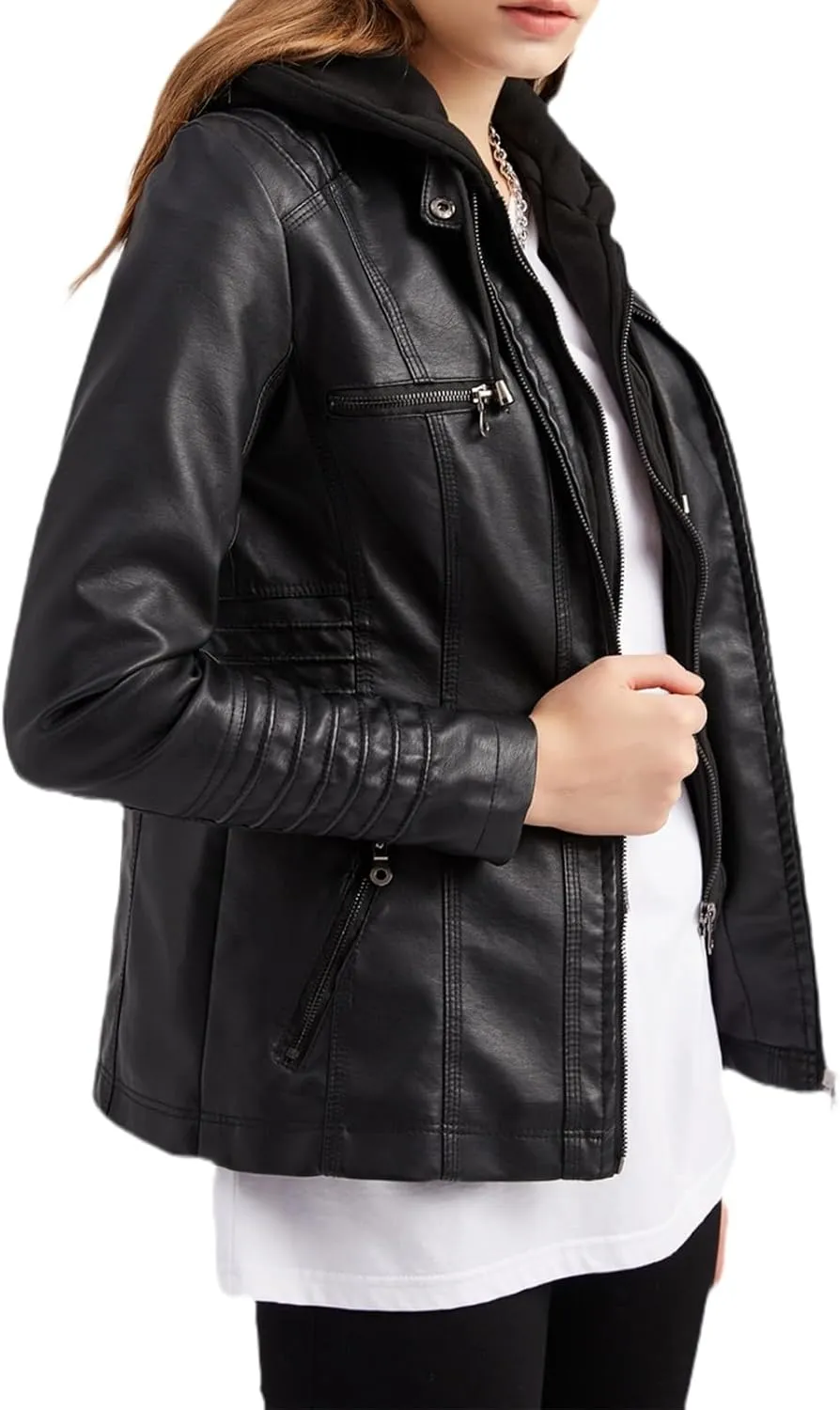 Hooded Leather Jacket Women, Zip up Motorcycle Short PU Moto Biker Outwear, Plus Size Slim Coat Hoodies
