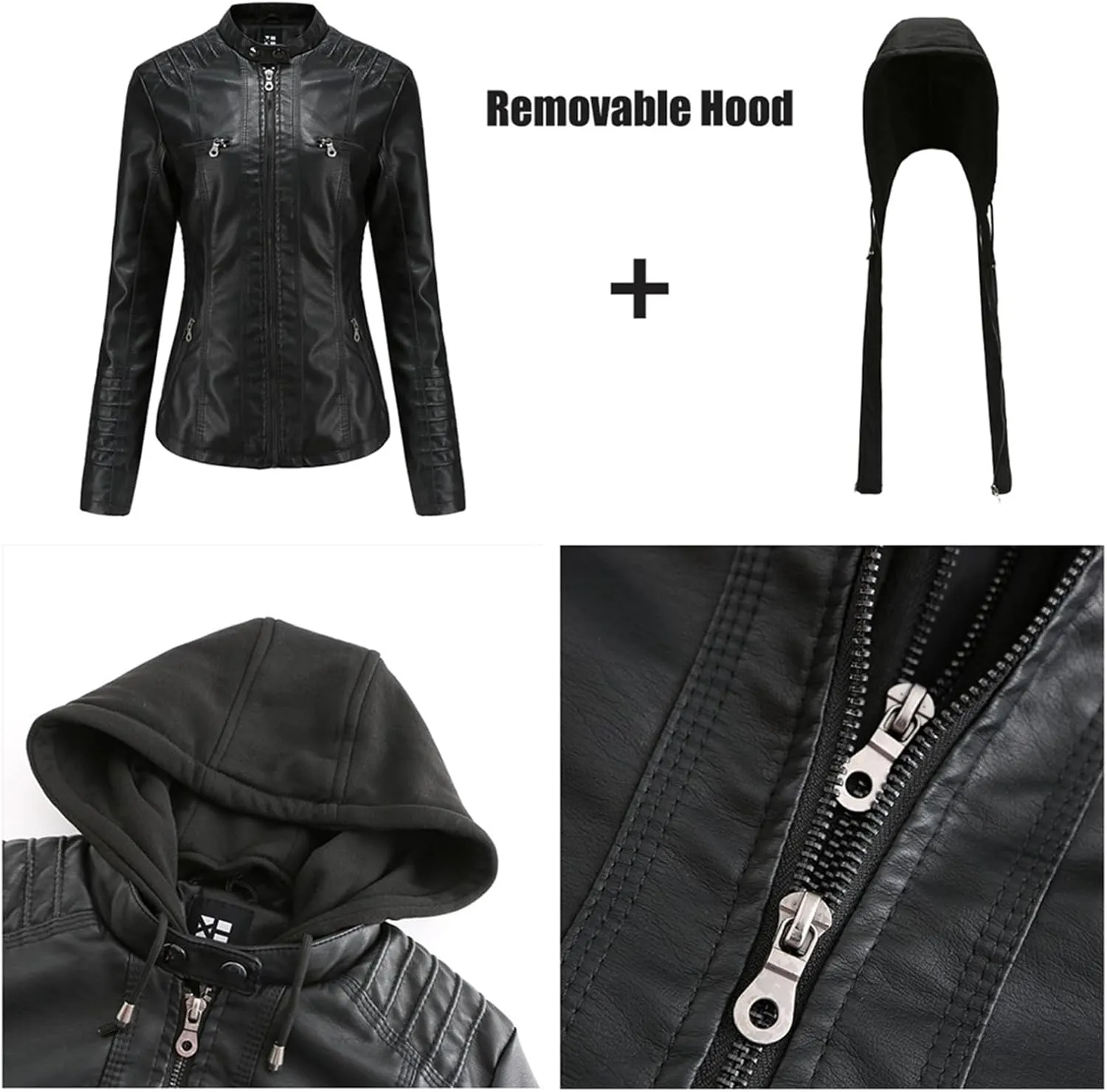 Hooded Leather Jacket Women, Zip up Motorcycle Short PU Moto Biker Outwear, Plus Size Slim Coat Hoodies