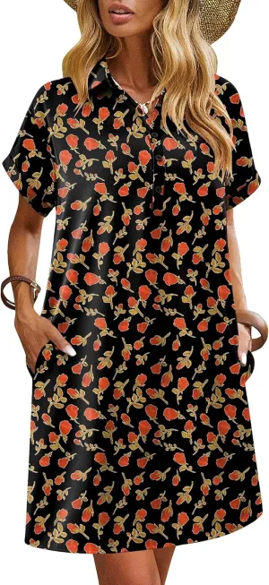HOTOUCH Womens Summer Shirt Dress Short Sleeve Floral Shift Dresses Casual Loose Flowy Beach Sundress with Pockets