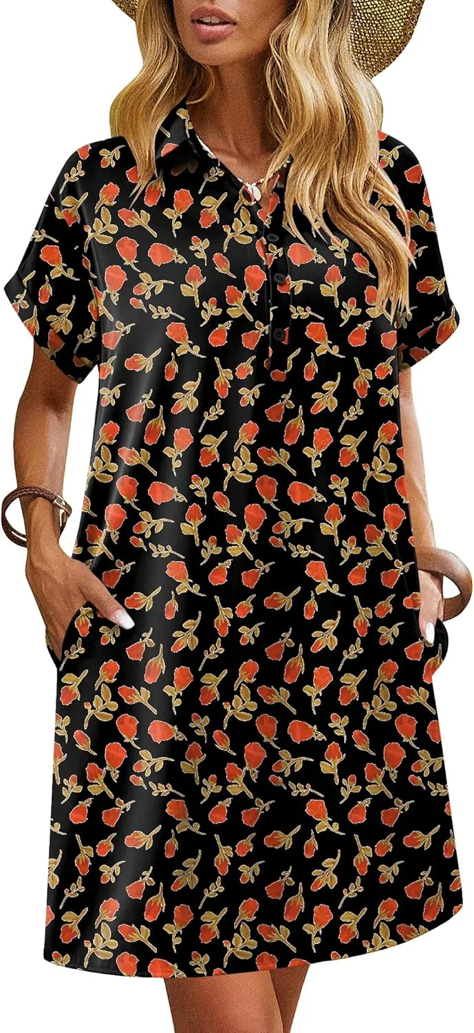 HOTOUCH Womens Summer Shirt Dress Short Sleeve Floral Shift Dresses Casual Loose Flowy Beach Sundress with Pockets