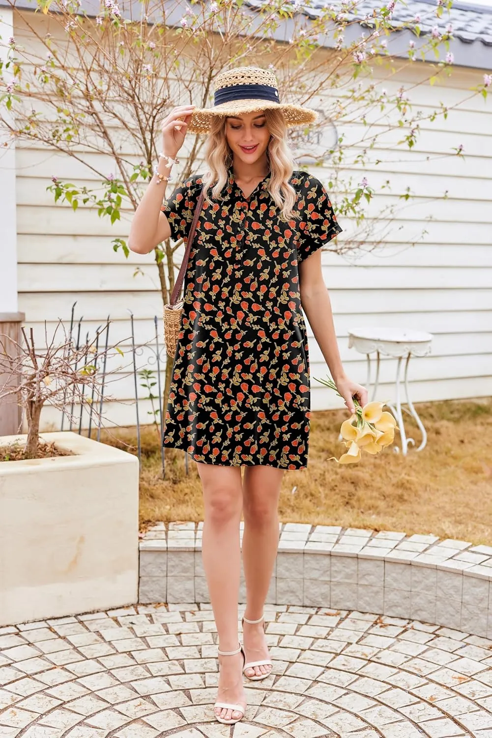 HOTOUCH Womens Summer Shirt Dress Short Sleeve Floral Shift Dresses Casual Loose Flowy Beach Sundress with Pockets