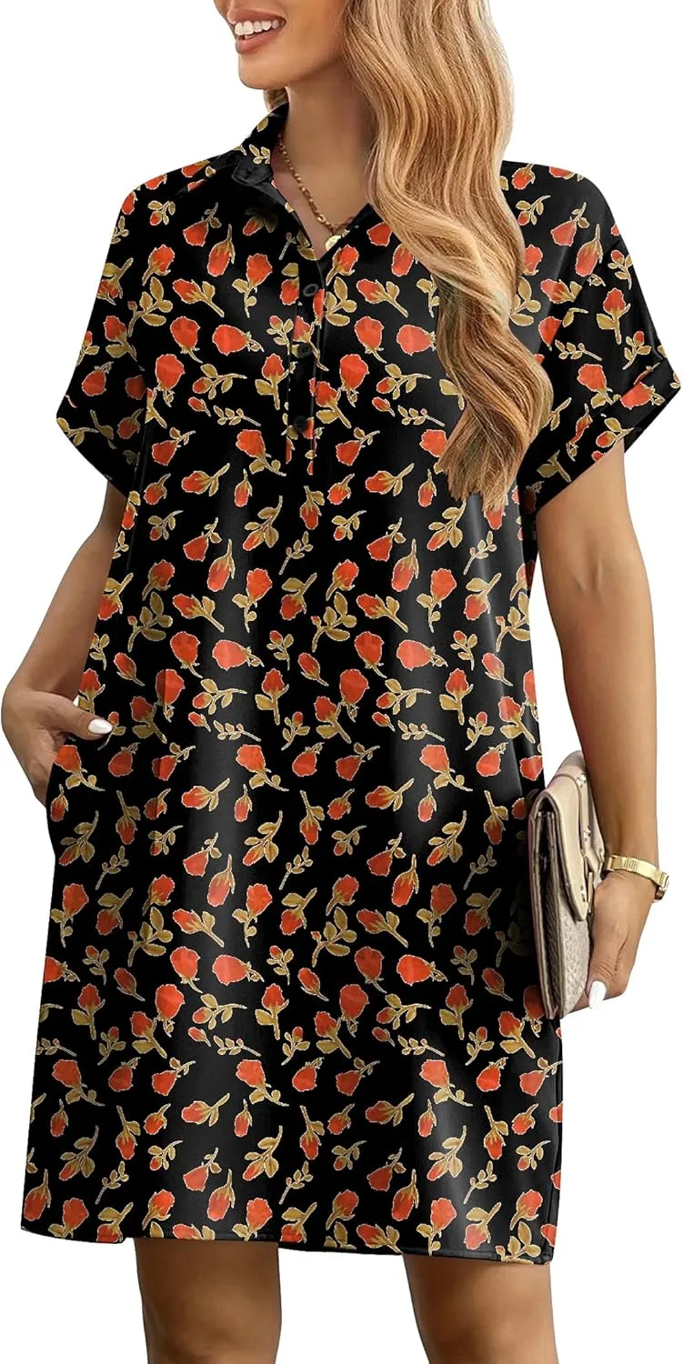 HOTOUCH Womens Summer Shirt Dress Short Sleeve Floral Shift Dresses Casual Loose Flowy Beach Sundress with Pockets
