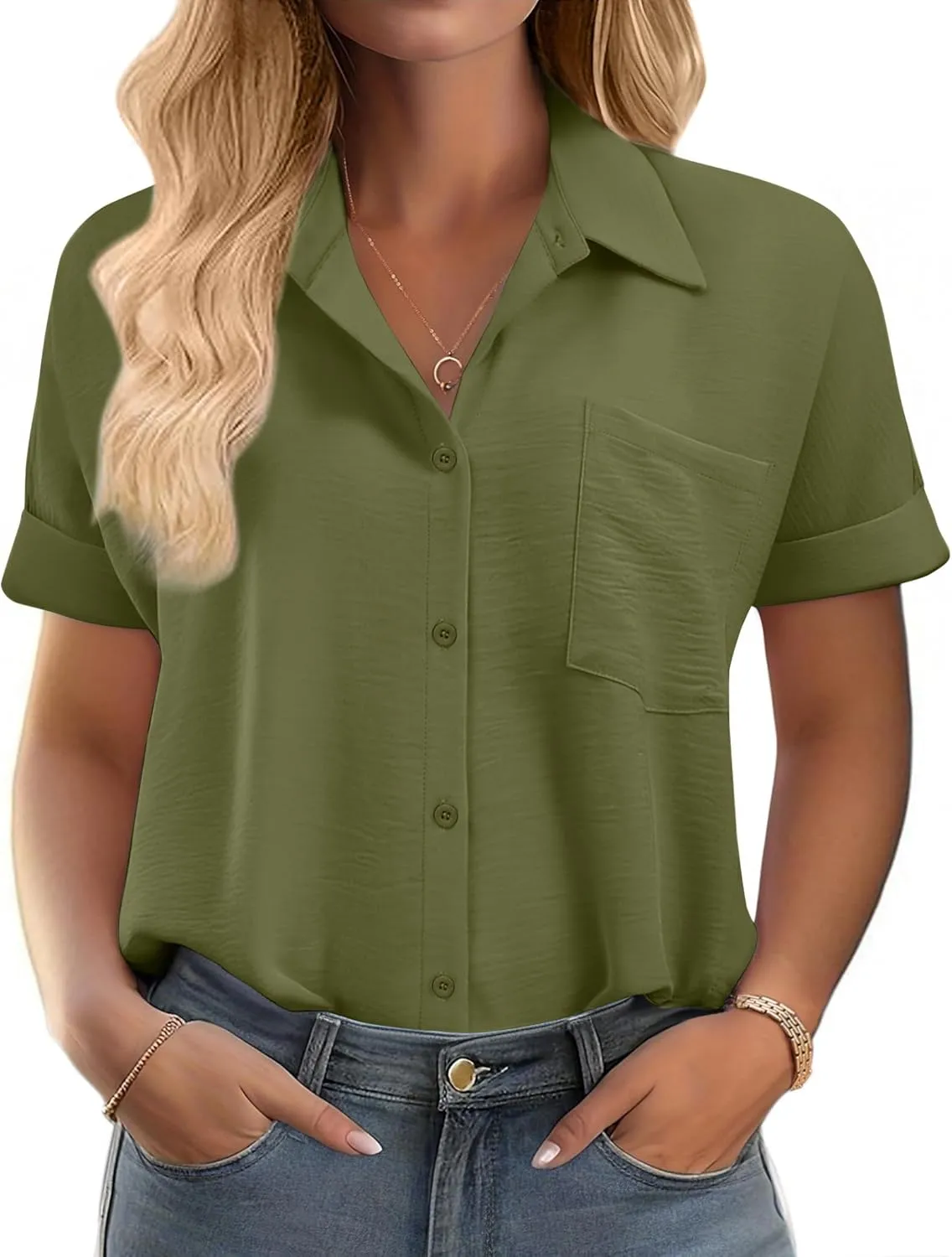 IN'VOLAND Womens Plus Size Shirts Short Sleeve Button Down Shirts V Neck Casual Blouses Tops