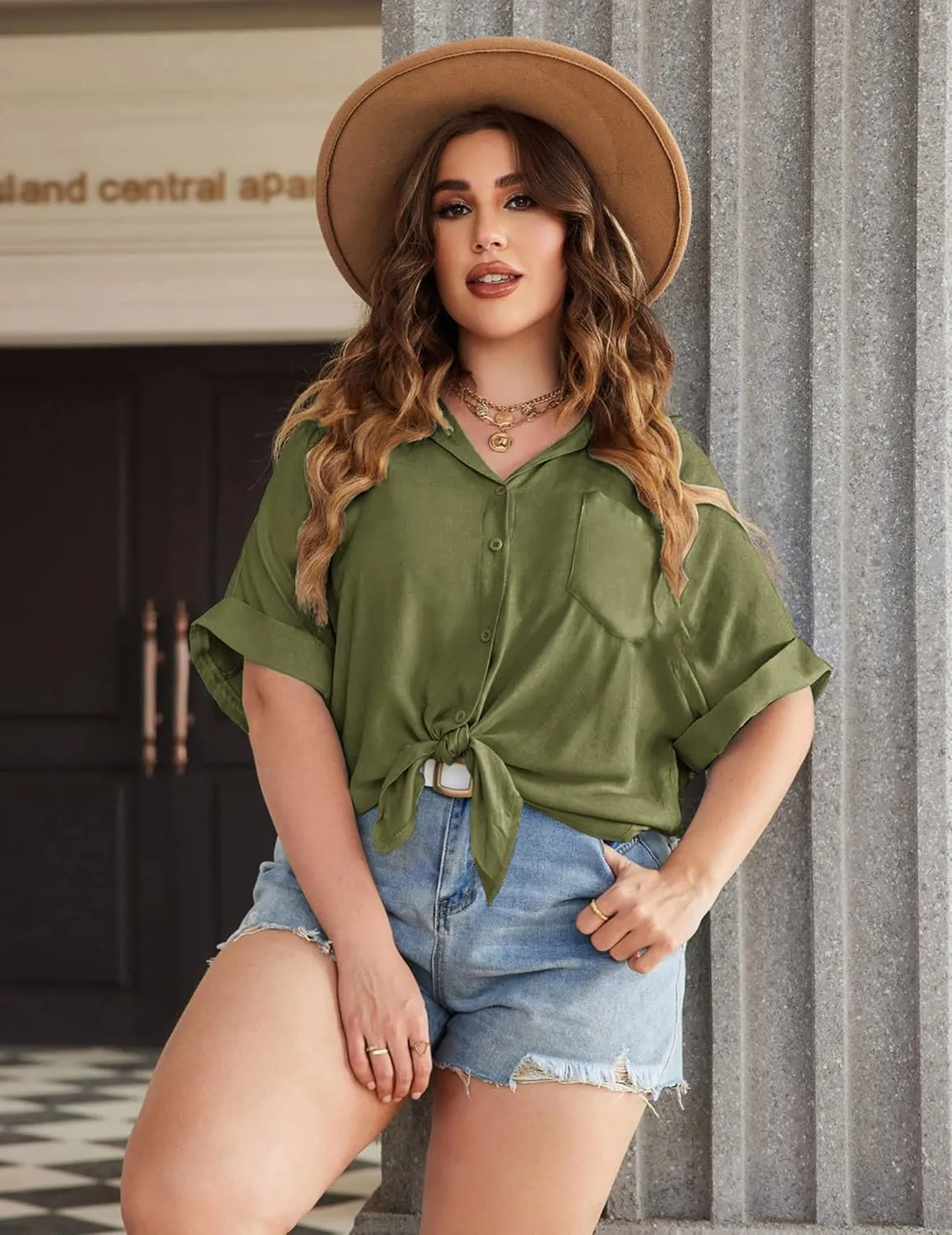 IN'VOLAND Womens Plus Size Shirts Short Sleeve Button Down Shirts V Neck Casual Blouses Tops