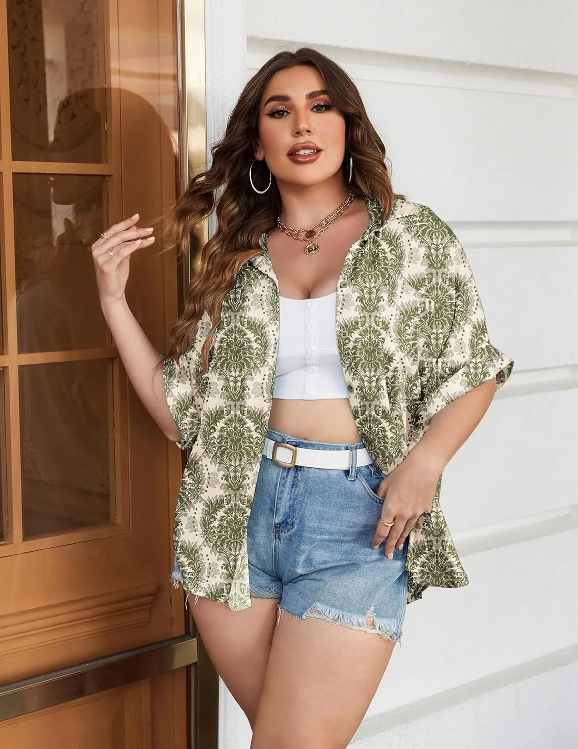 IN'VOLAND Womens Plus Size Shirts Short Sleeve Button Down Shirts V Neck Casual Blouses Tops