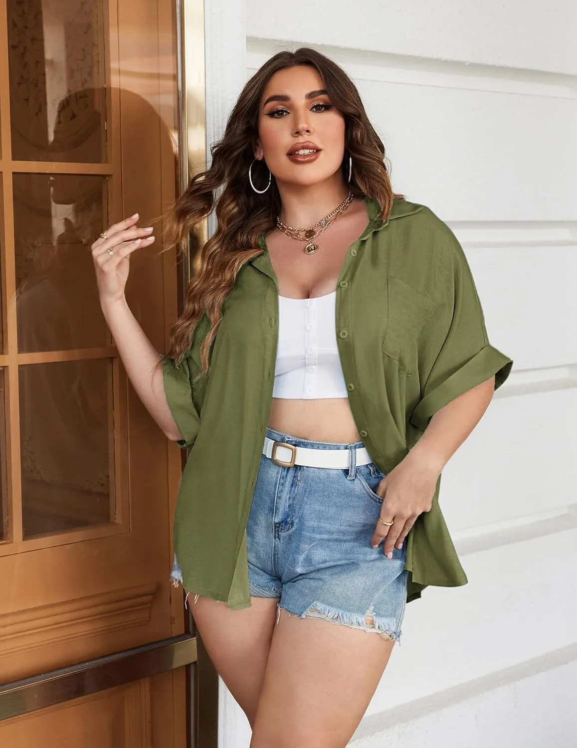 IN'VOLAND Womens Plus Size Shirts Short Sleeve Button Down Shirts V Neck Casual Blouses Tops