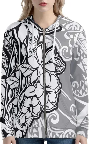 Irisjudy Aztec Ethnic Women Hooded Sweatshirt Flowers Zip up Hoodies Plus Size Hawaii Island Drawstring Hooded Pullover