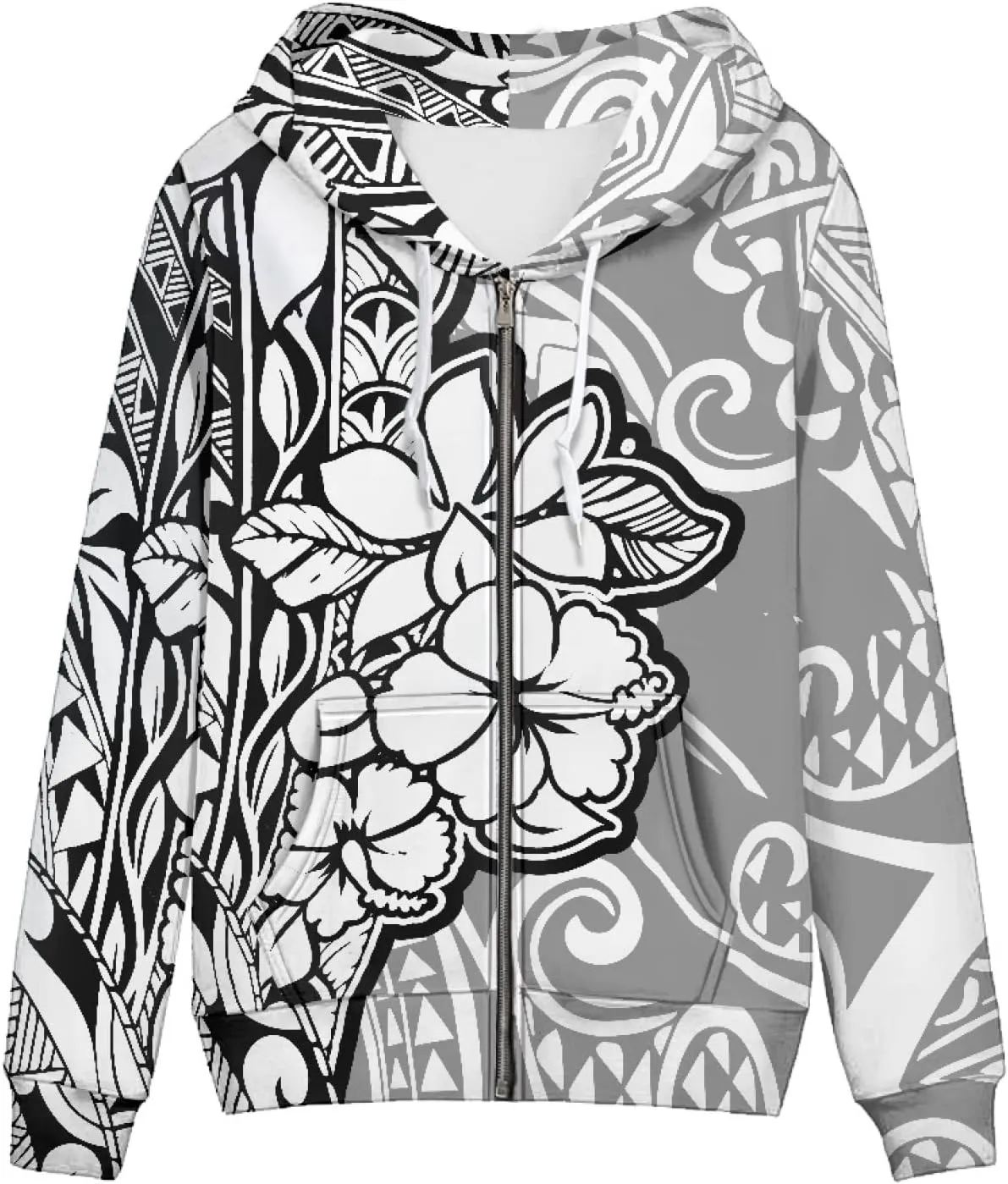 Irisjudy Aztec Ethnic Women Hooded Sweatshirt Flowers Zip up Hoodies Plus Size Hawaii Island Drawstring Hooded Pullover
