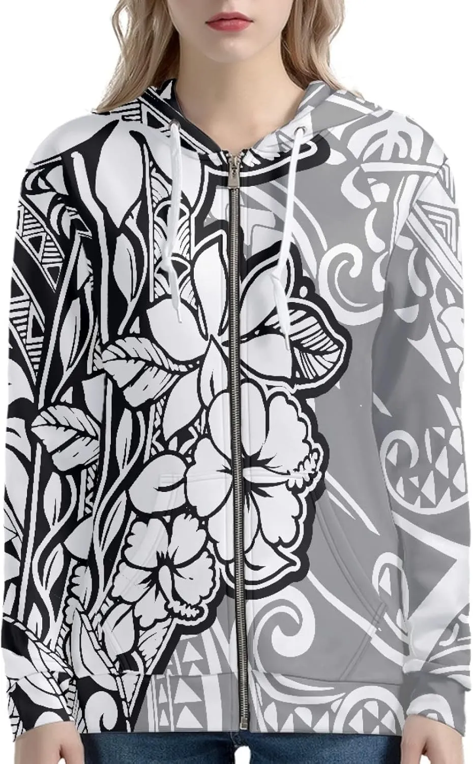 Irisjudy Aztec Ethnic Women Hooded Sweatshirt Flowers Zip up Hoodies Plus Size Hawaii Island Drawstring Hooded Pullover