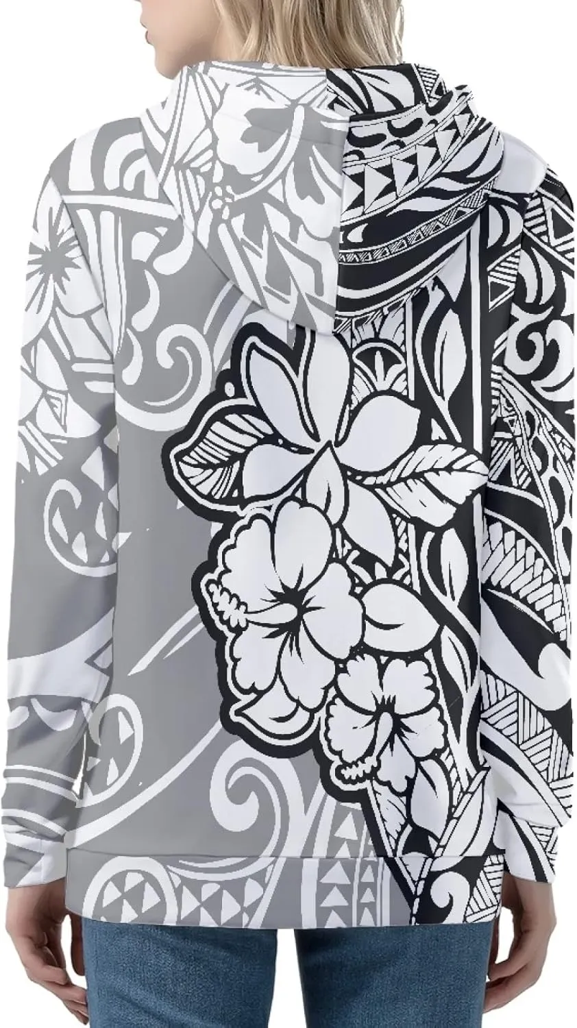 Irisjudy Aztec Ethnic Women Hooded Sweatshirt Flowers Zip up Hoodies Plus Size Hawaii Island Drawstring Hooded Pullover
