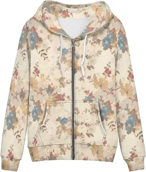 Irisjudy Folk Art Bird Flower Womens Oversized Sport Hoodies with Pocket St.Patrick Day Zip-up Hooded Sweatshirt Outdoor Coat