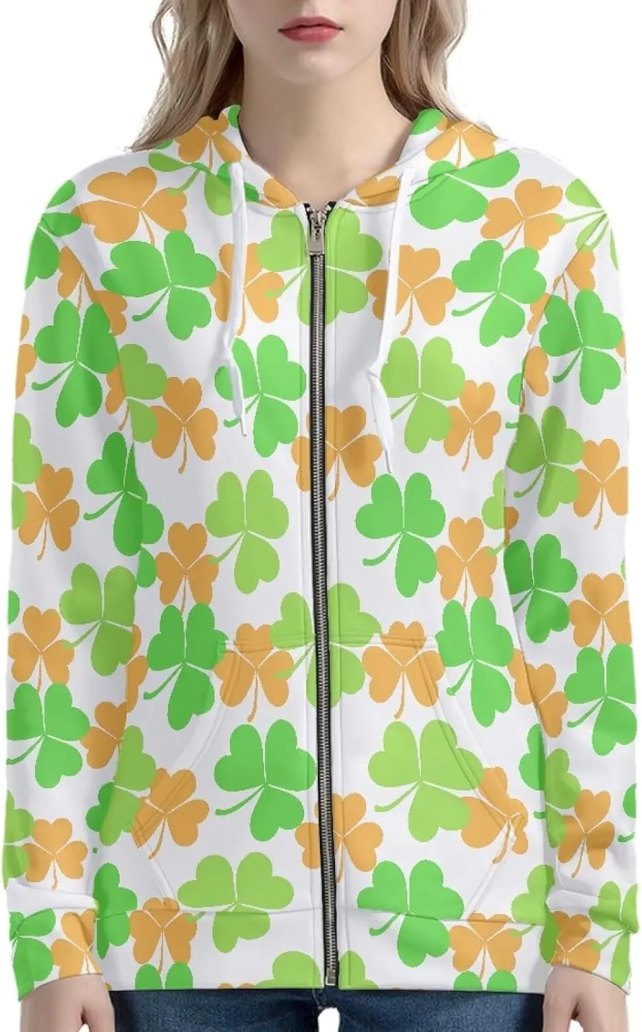 Irisjudy Folk Art Bird Flower Womens Oversized Sport Hoodies with Pocket St.Patrick Day Zip-up Hooded Sweatshirt Outdoor Coat