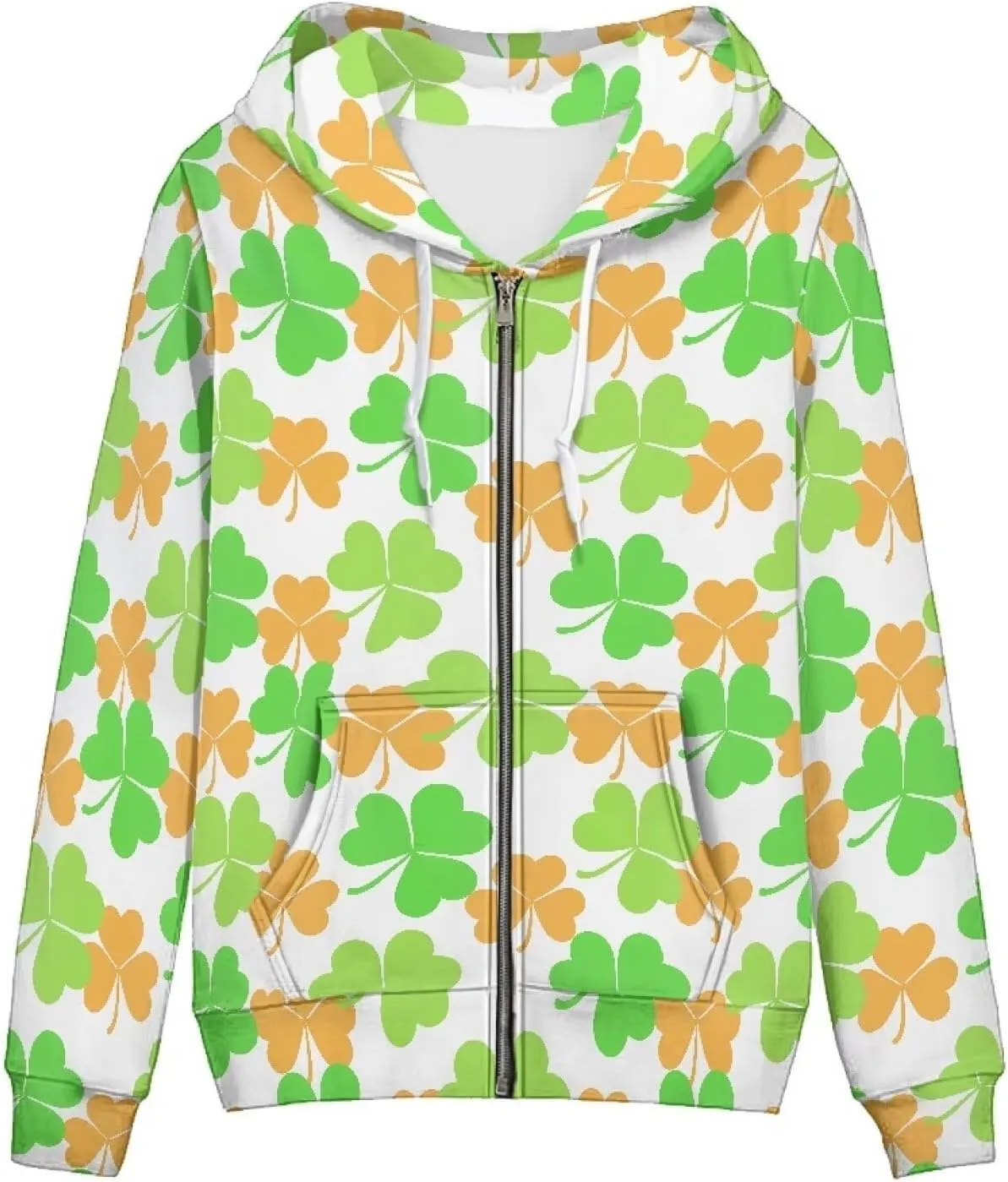 Irisjudy Folk Art Bird Flower Womens Oversized Sport Hoodies with Pocket St.Patrick Day Zip-up Hooded Sweatshirt Outdoor Coat
