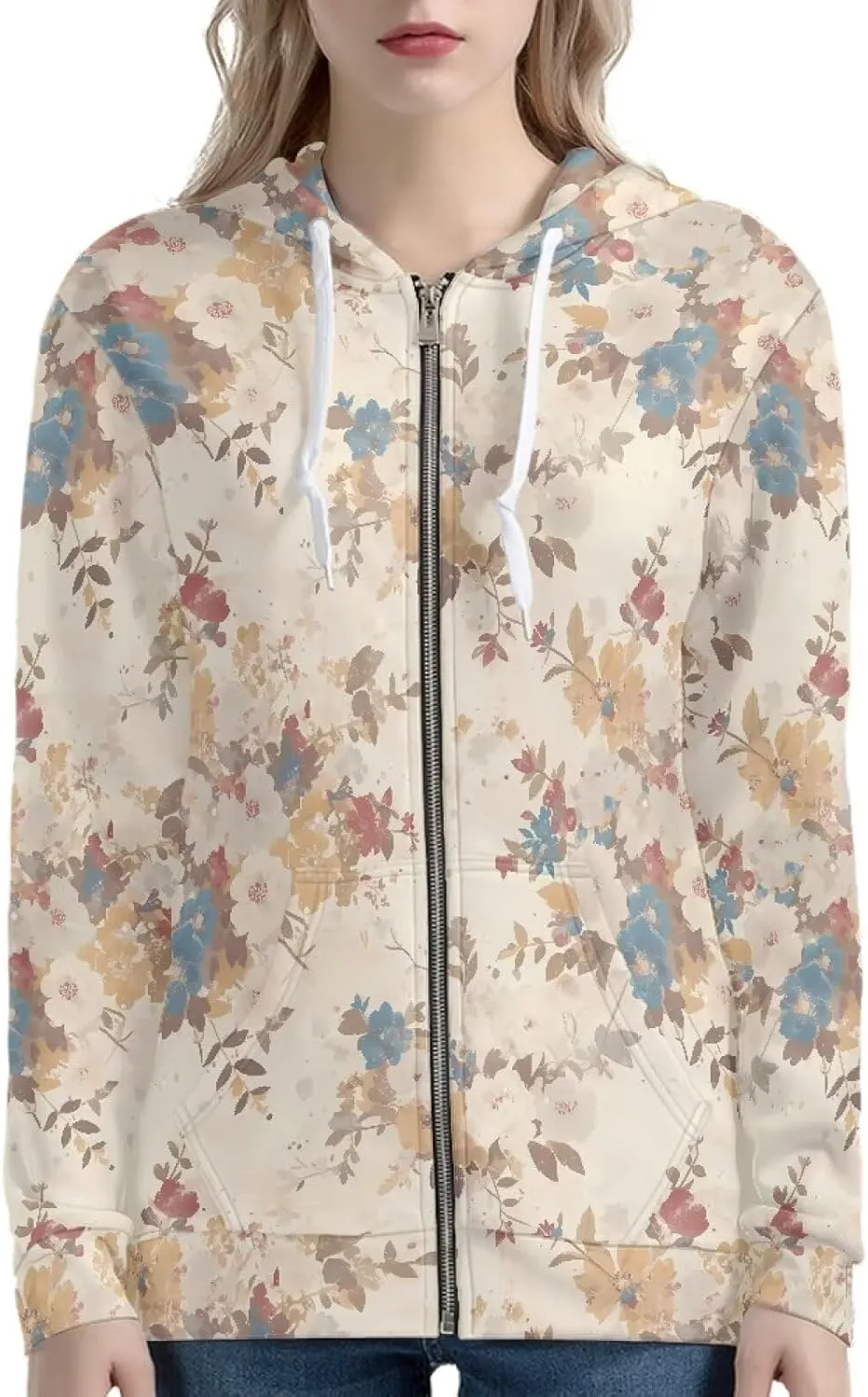 Irisjudy Folk Art Bird Flower Womens Oversized Sport Hoodies with Pocket St.Patrick Day Zip-up Hooded Sweatshirt Outdoor Coat