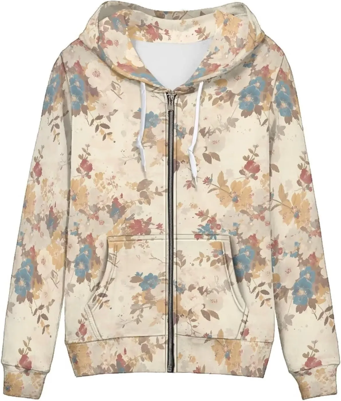 Irisjudy Folk Art Bird Flower Womens Oversized Sport Hoodies with Pocket St.Patrick Day Zip-up Hooded Sweatshirt Outdoor Coat