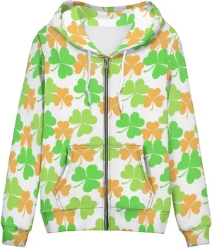 Irisjudy Folk Art Bird Flower Womens Oversized Sport Hoodies with Pocket St.Patrick Day Zip-up Hooded Sweatshirt Outdoor Coat