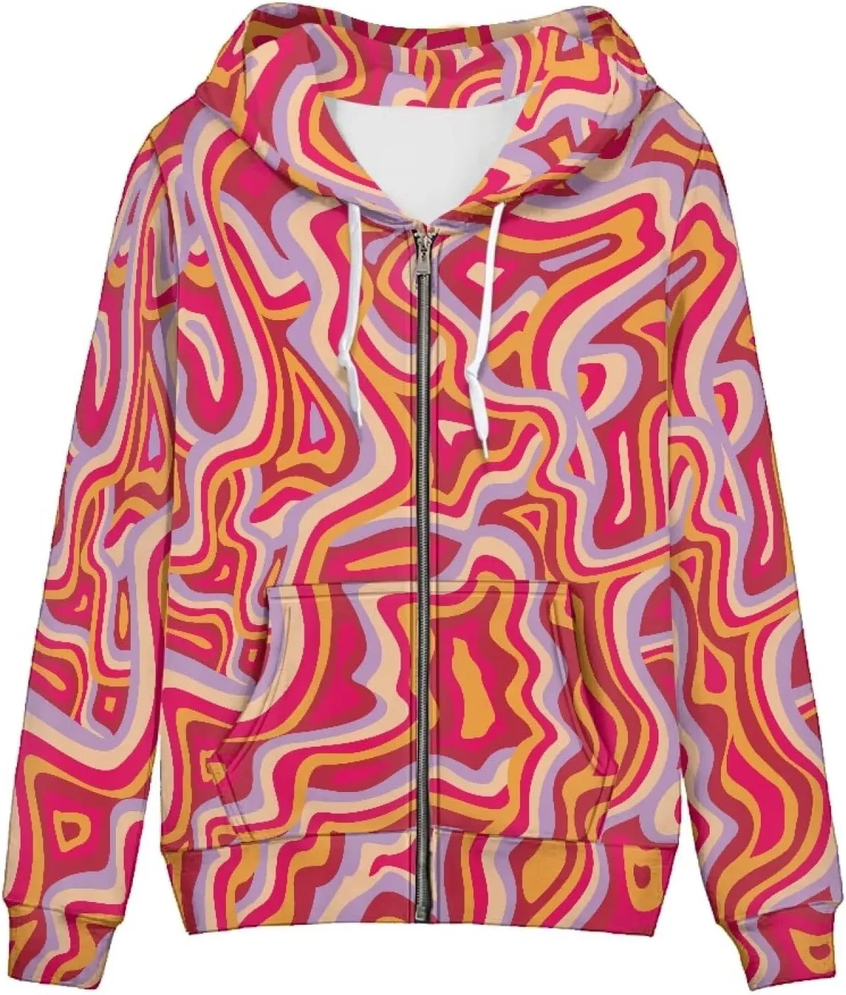 Irisjudy Women's Drawstring Zip up Pocket Hoodies, Vintage Flower Full-Zip Soft Jacket, Cute Spring Fall Pullover Coat XS-5XL