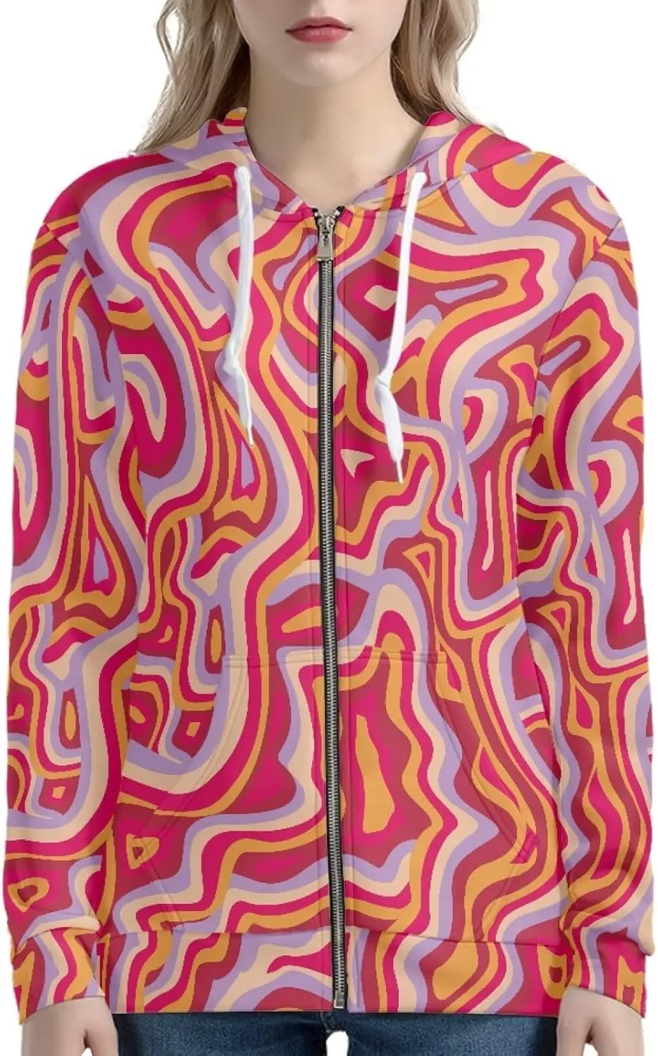 Irisjudy Women's Drawstring Zip up Pocket Hoodies, Vintage Flower Full-Zip Soft Jacket, Cute Spring Fall Pullover Coat XS-5XL