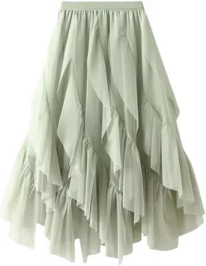 Irregular Ruffled Tulle Skirt for Womens High-Waist Mid-Length Draped Mesh Long Skirts