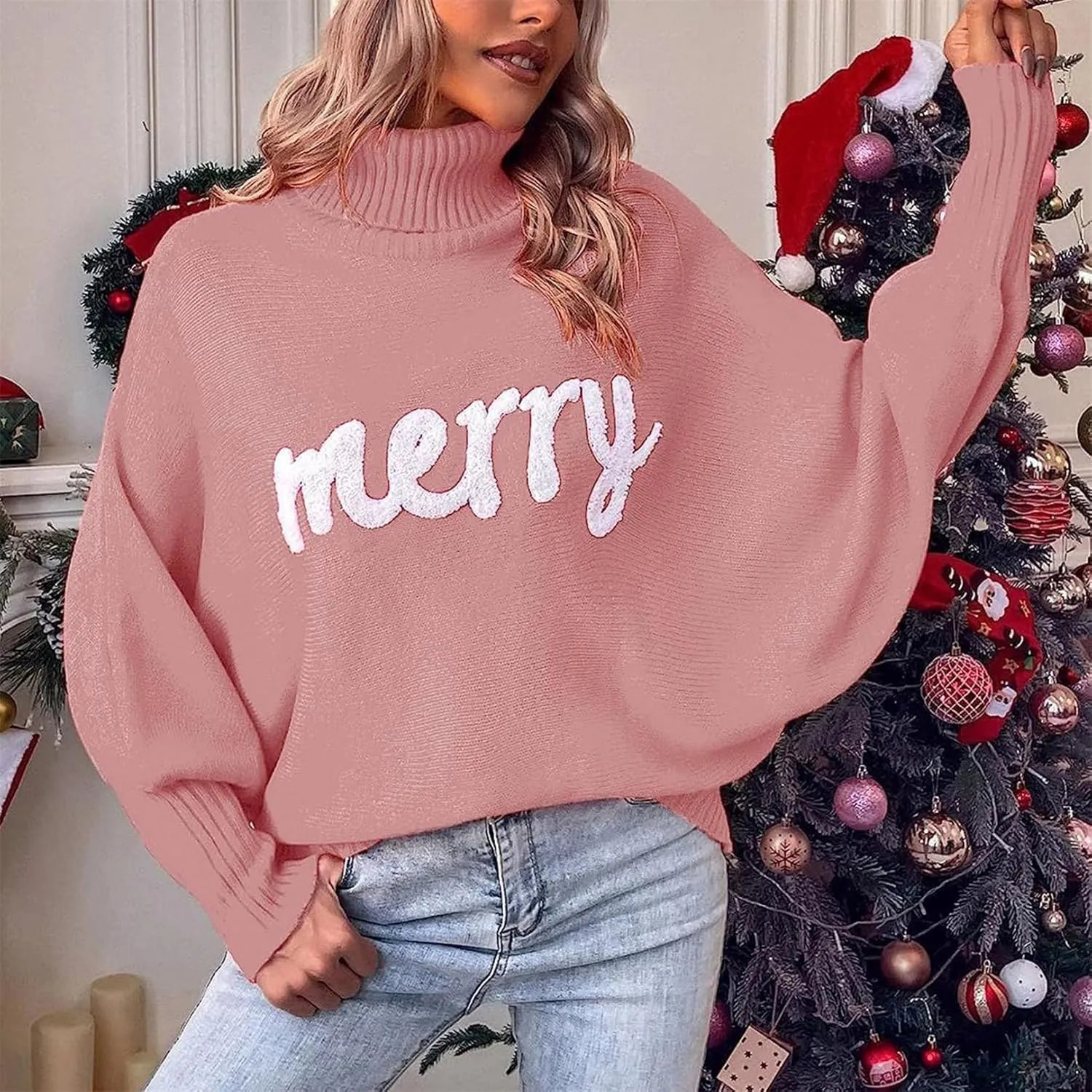 iTranyee Women Ugly Christmas Oversized Turtleneck Pullover Sweater Cute Merry Print Batwing Sleeve Loose Jumper Fall Outfits