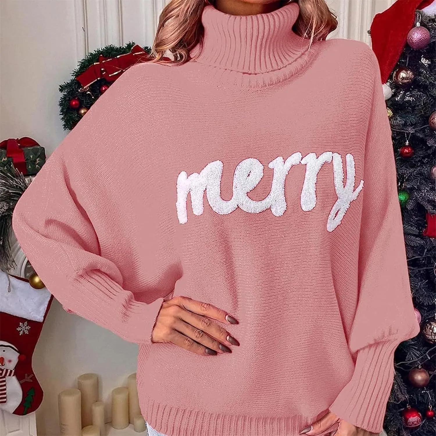 iTranyee Women Ugly Christmas Oversized Turtleneck Pullover Sweater Cute Merry Print Batwing Sleeve Loose Jumper Fall Outfits