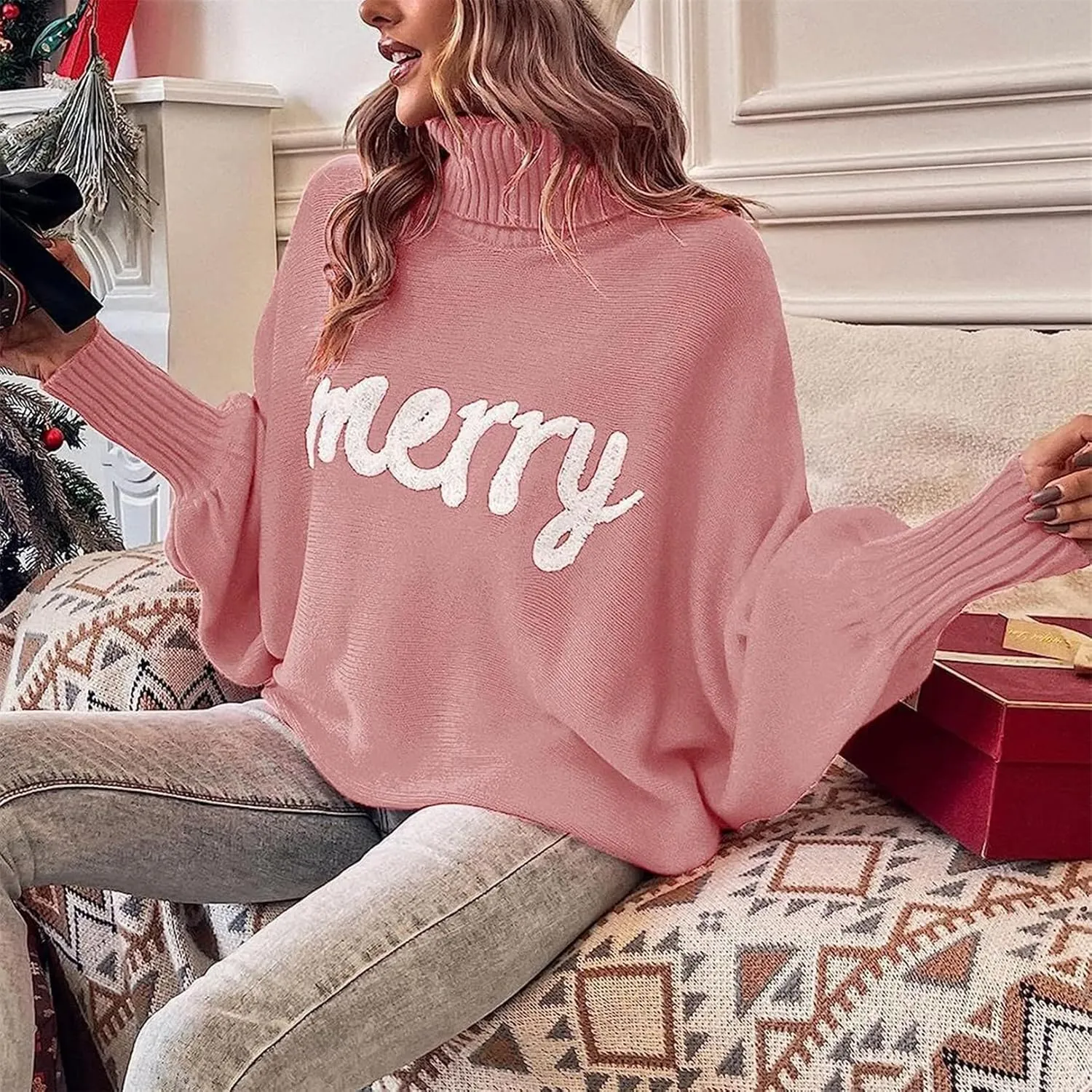 iTranyee Women Ugly Christmas Oversized Turtleneck Pullover Sweater Cute Merry Print Batwing Sleeve Loose Jumper Fall Outfits