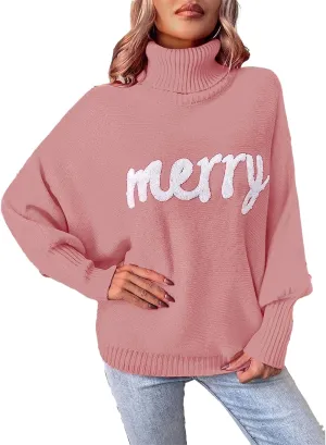 iTranyee Women Ugly Christmas Oversized Turtleneck Pullover Sweater Cute Merry Print Batwing Sleeve Loose Jumper Fall Outfits