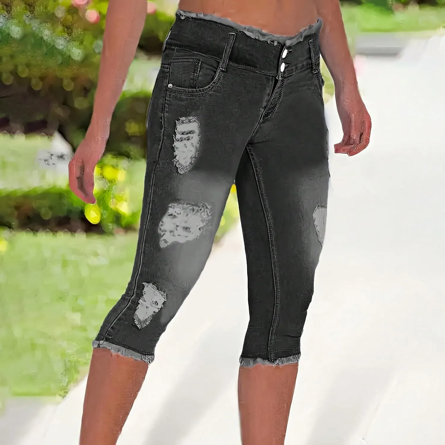 Jean Capris for Women Stretchy Ripped Skinny Raw Hem Stretchy Mid Rise Denim Slim Fit Y2k Capri Jeans with Pockets