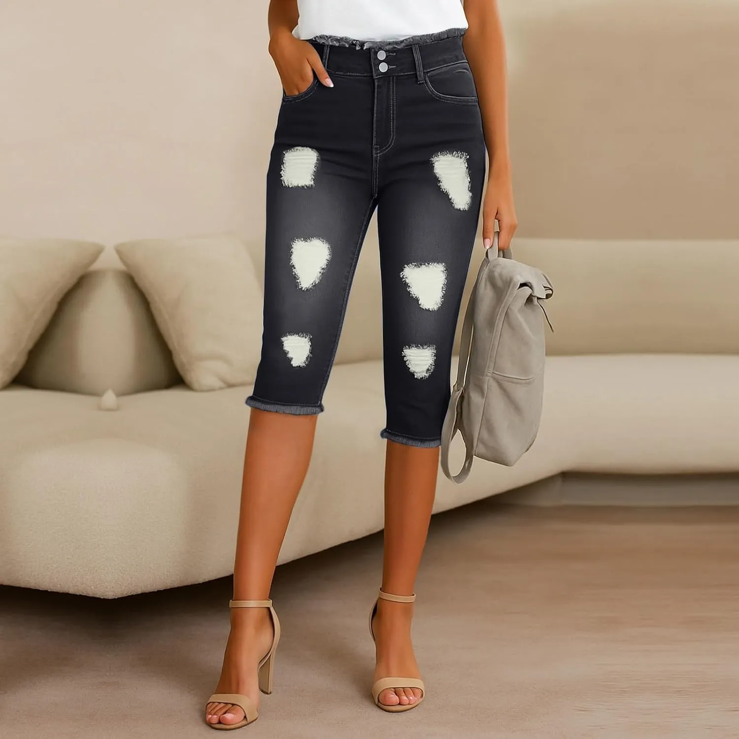 Jean Capris for Women Stretchy Ripped Skinny Raw Hem Stretchy Mid Rise Denim Slim Fit Y2k Capri Jeans with Pockets