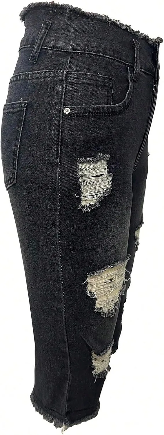 Jean Capris for Women Stretchy Ripped Skinny Raw Hem Stretchy Mid Rise Denim Slim Fit Y2k Capri Jeans with Pockets