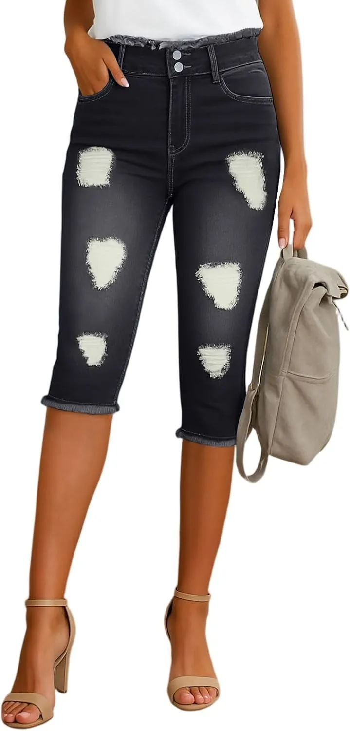 Jean Capris for Women Stretchy Ripped Skinny Raw Hem Stretchy Mid Rise Denim Slim Fit Y2k Capri Jeans with Pockets