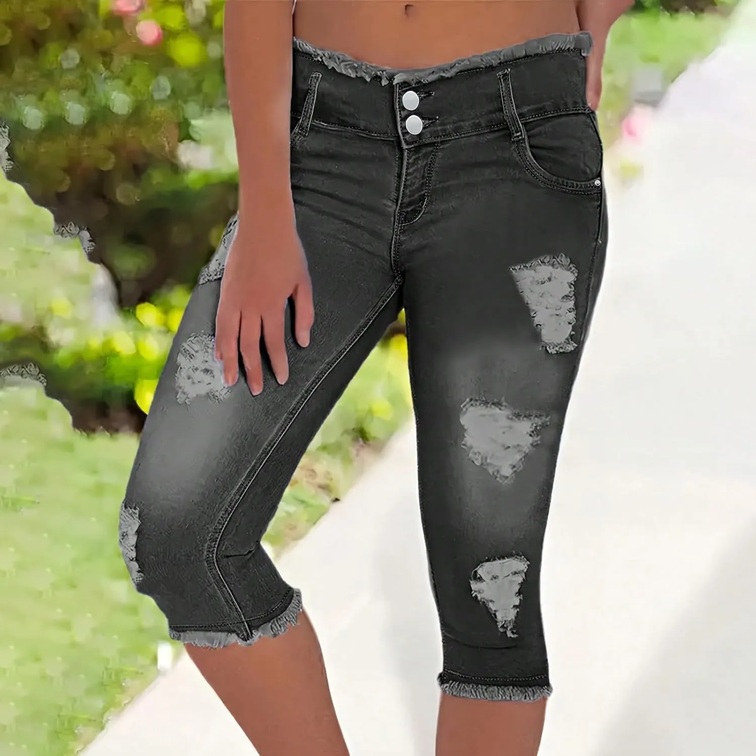 Jean Capris for Women Stretchy Ripped Skinny Raw Hem Stretchy Mid Rise Denim Slim Fit Y2k Capri Jeans with Pockets