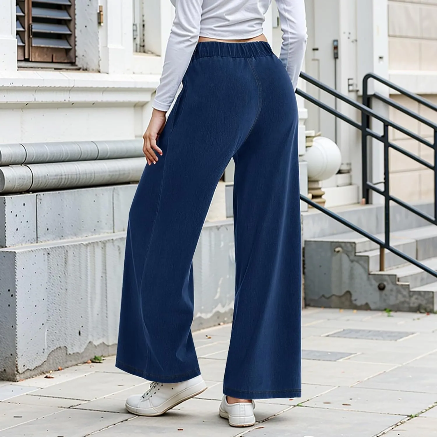 Jeans for Women Stretch High Waisted Wide Leg Jeans Baggy Straight Leg Tummy Control Pull On Denim Pants with Pockets