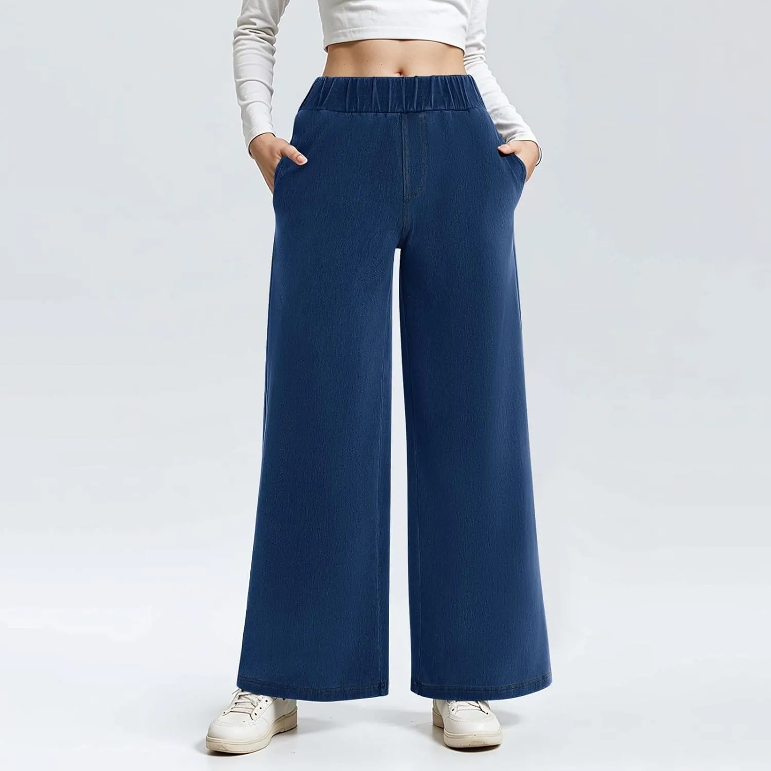 Jeans for Women Stretch High Waisted Wide Leg Jeans Baggy Straight Leg Tummy Control Pull On Denim Pants with Pockets