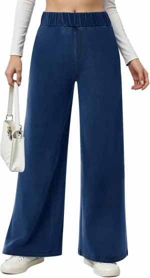 Jeans for Women Stretch High Waisted Wide Leg Jeans Baggy Straight Leg Tummy Control Pull On Denim Pants with Pockets