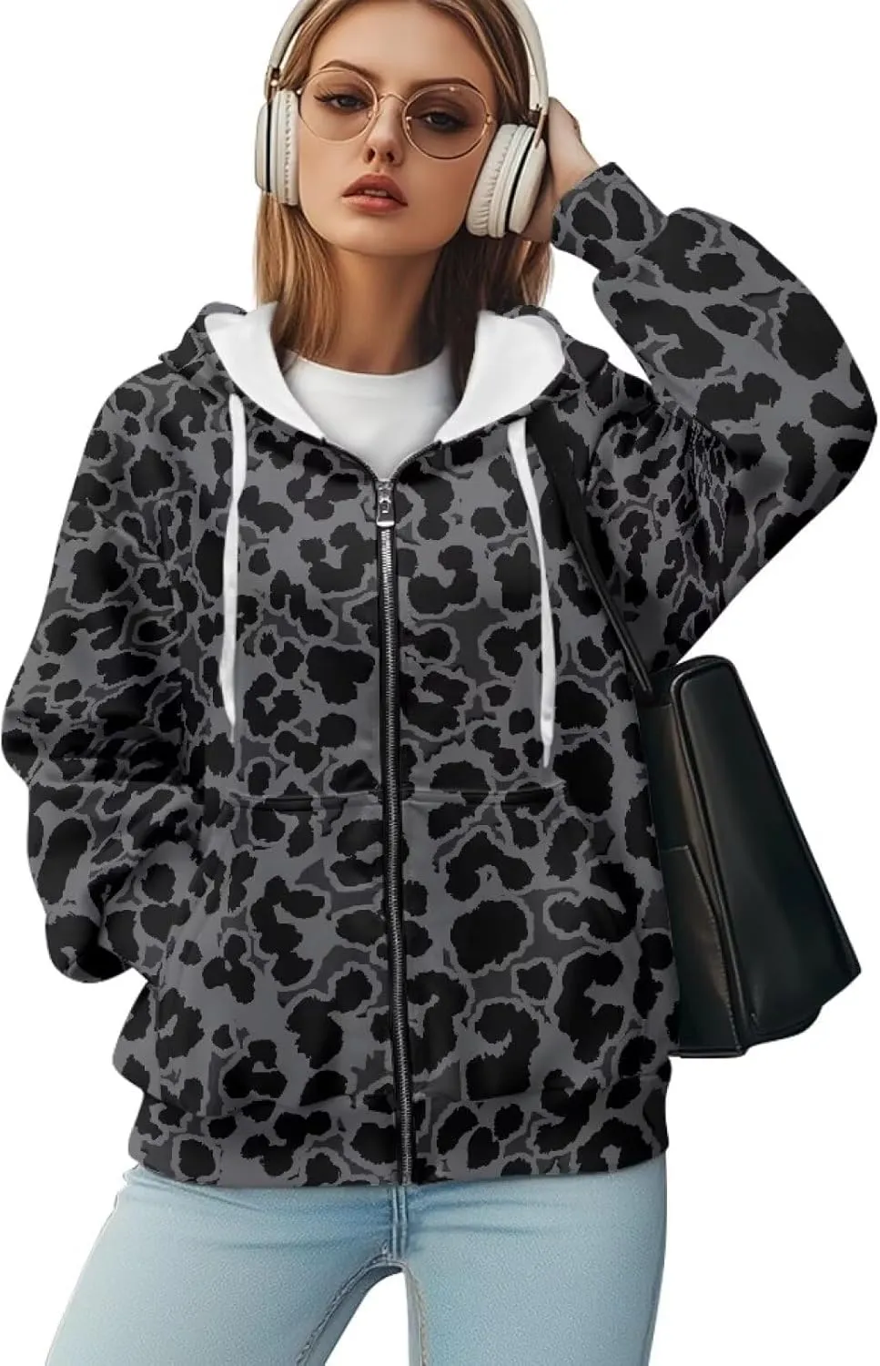JEOCODY Zip Up Hoodie Women Oversized Hoodie Casual Long Sleeve Graphic Jackets with Pockets Zipper Drawstring