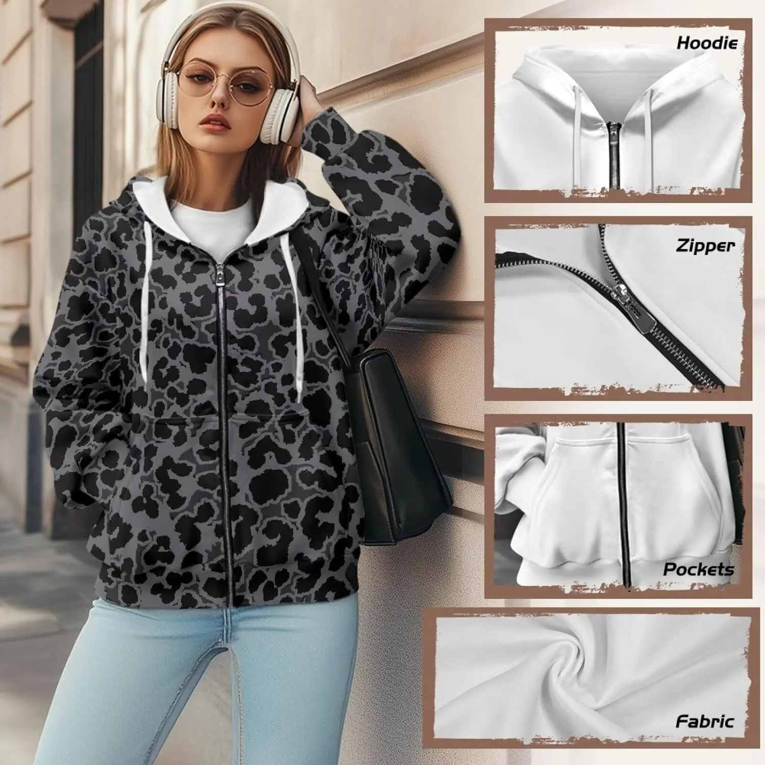 JEOCODY Zip Up Hoodie Women Oversized Hoodie Casual Long Sleeve Graphic Jackets with Pockets Zipper Drawstring