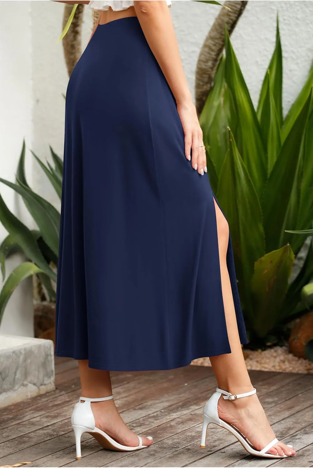Jouica Womens Summer Casual Elegant Elastic High Waist Side Split Summer Beach Sexy Midi Skirt for Women 2024
