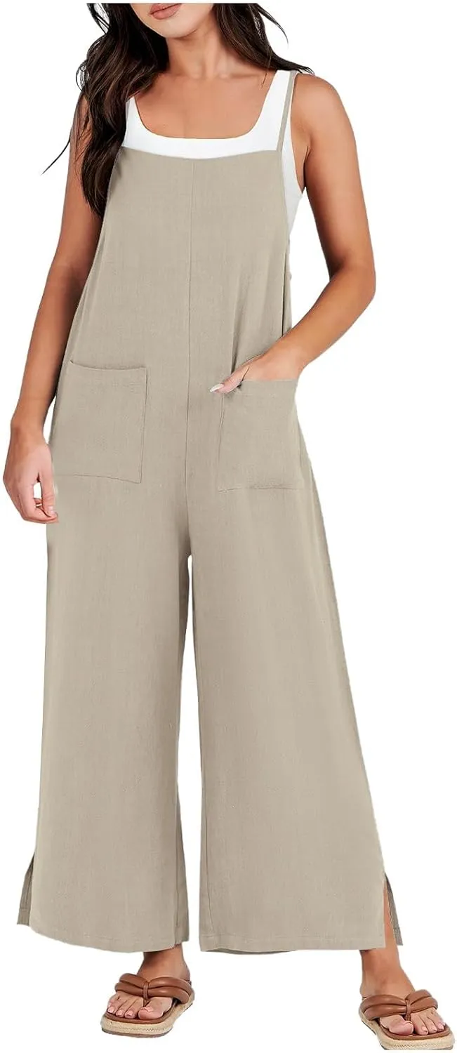 Jumpsuits for Women Casual Wide Leg Jumpsuits Summer Linen Jumpsuit with Pockets Sleeveless Beach Baggy Overall