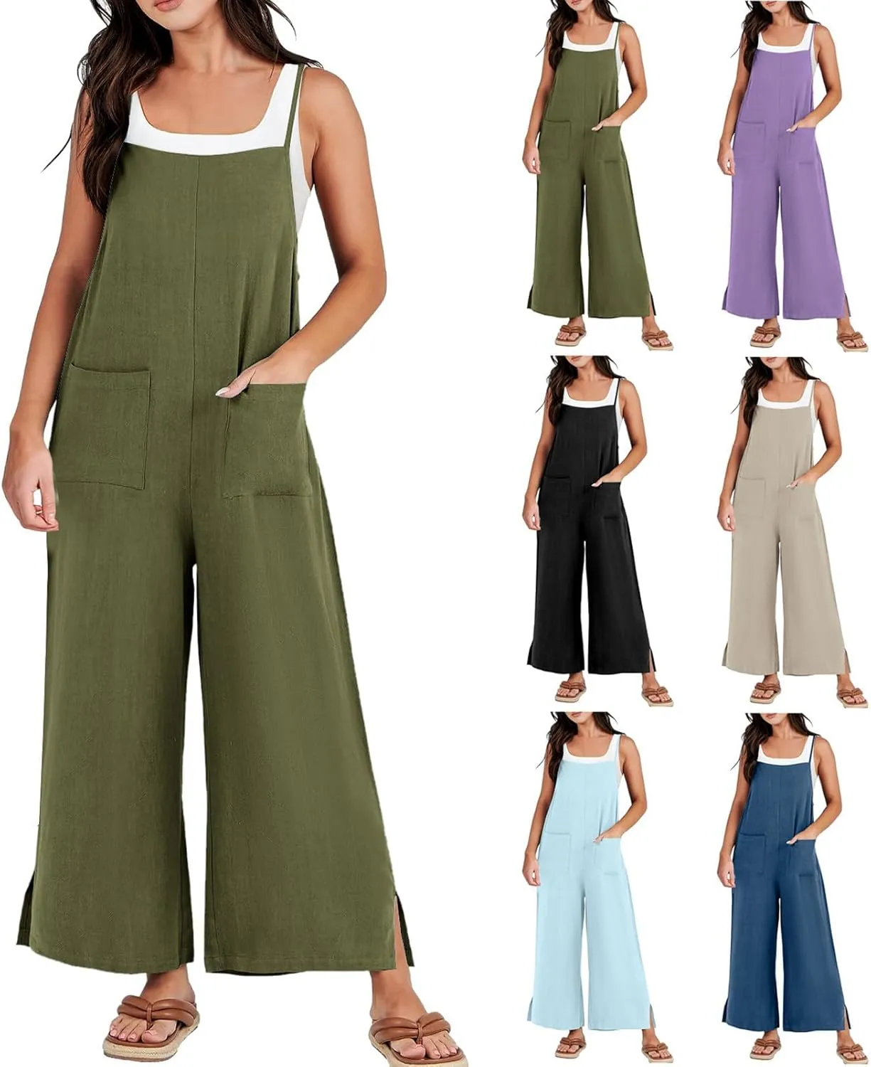 Jumpsuits for Women Casual Wide Leg Jumpsuits Summer Linen Jumpsuit with Pockets Sleeveless Beach Baggy Overall