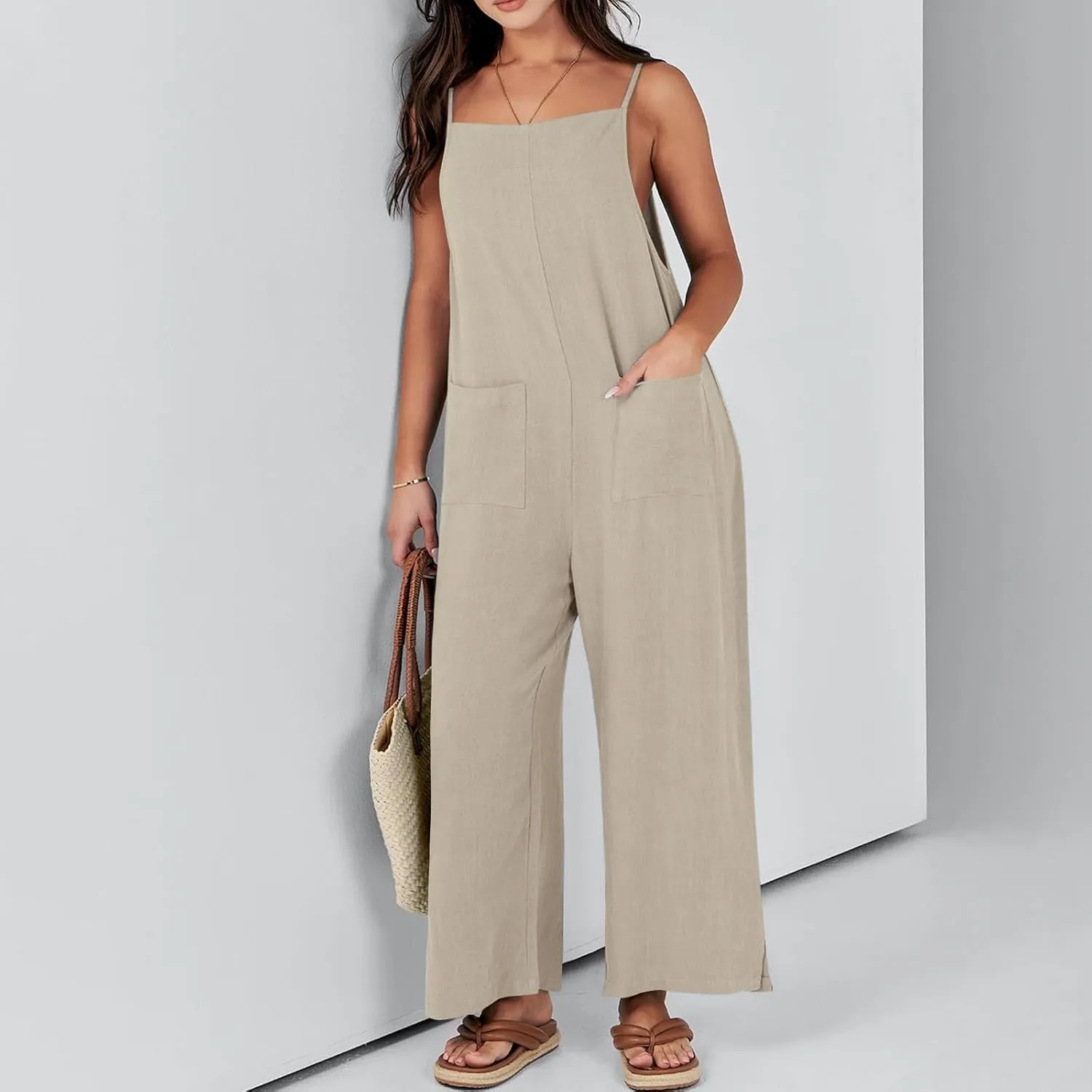 Jumpsuits for Women Casual Wide Leg Jumpsuits Summer Linen Jumpsuit with Pockets Sleeveless Beach Baggy Overall
