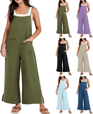 Jumpsuits for Women Casual Wide Leg Jumpsuits Summer Linen Jumpsuit with Pockets Sleeveless Beach Baggy Overall