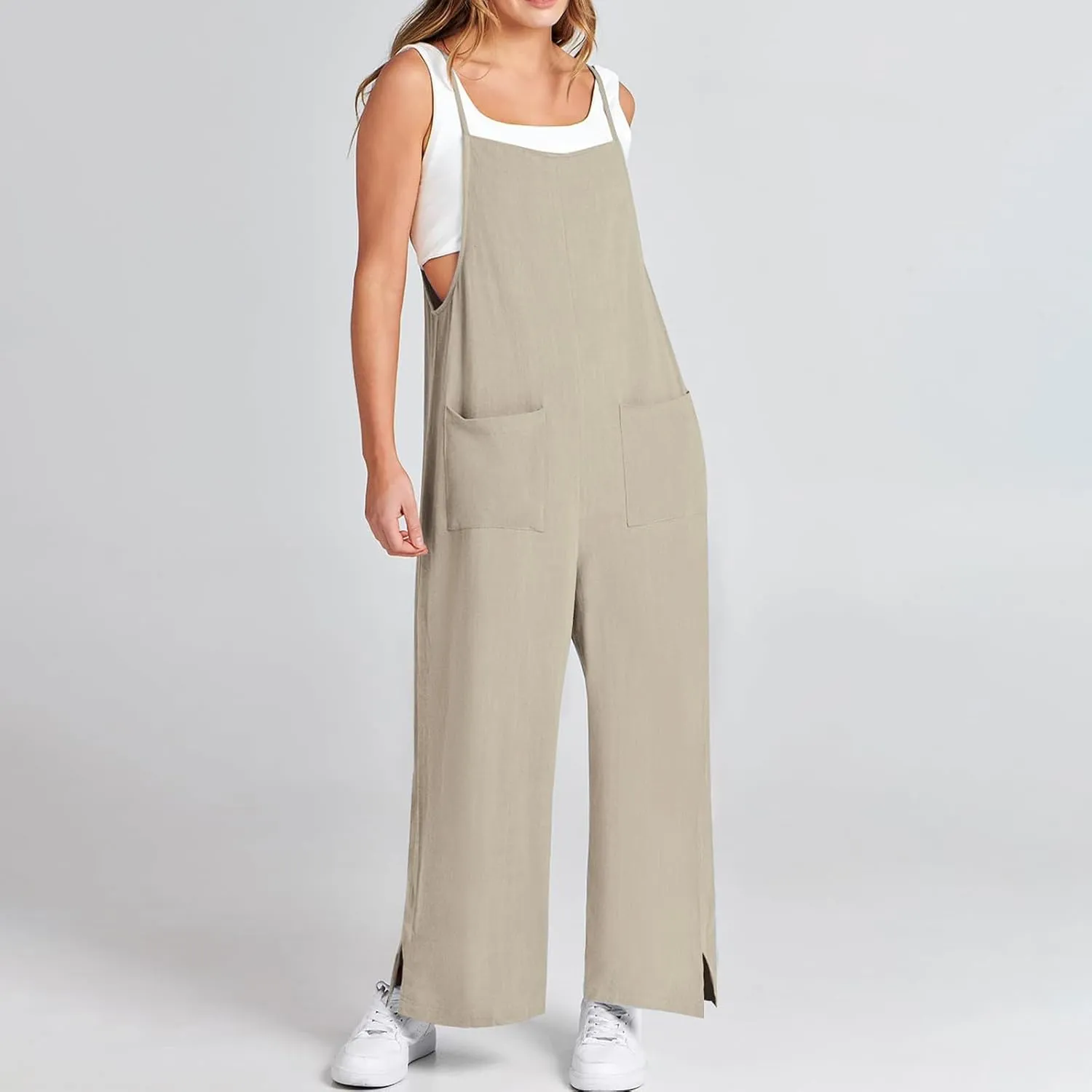 Jumpsuits for Women Casual Wide Leg Jumpsuits Summer Linen Jumpsuit with Pockets Sleeveless Beach Baggy Overall