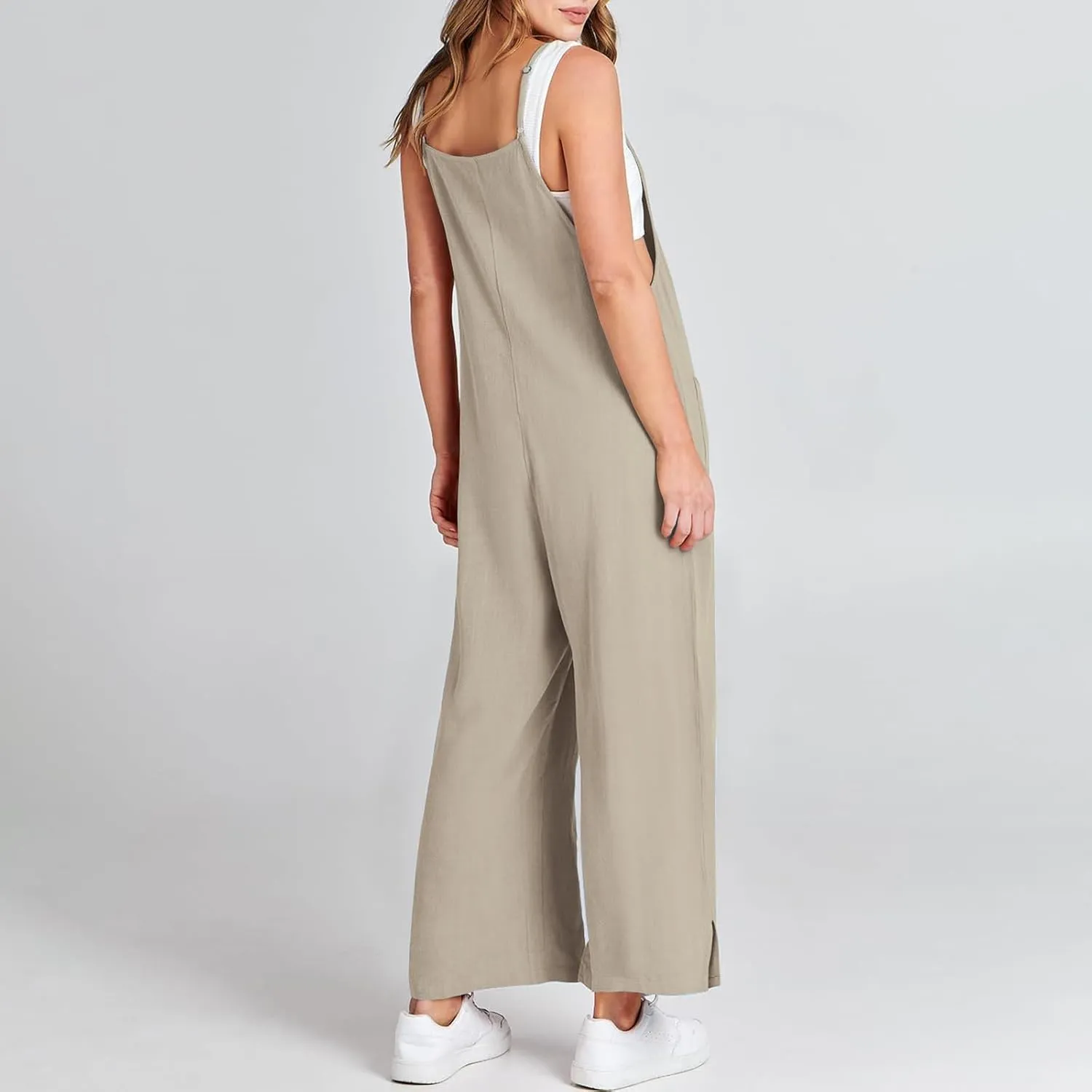 Jumpsuits for Women Casual Wide Leg Jumpsuits Summer Linen Jumpsuit with Pockets Sleeveless Beach Baggy Overall