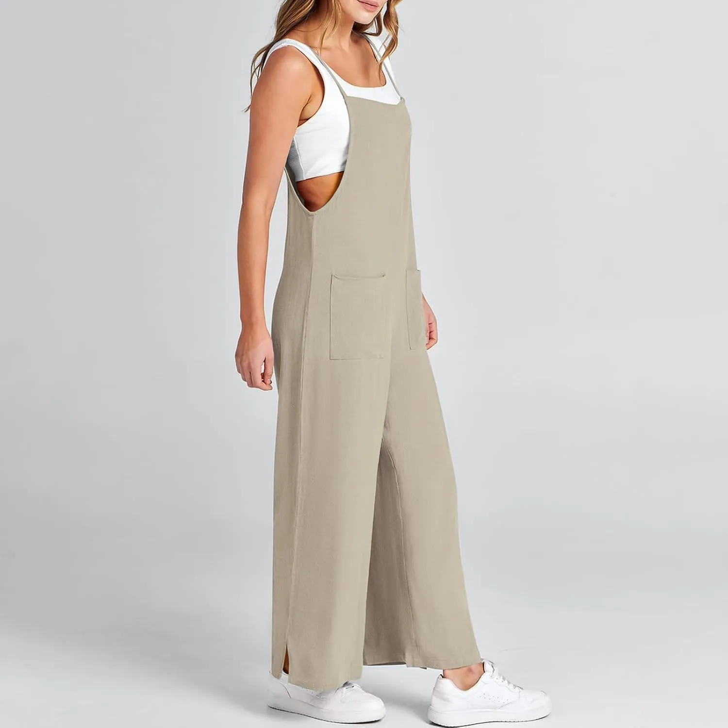 Jumpsuits for Women Casual Wide Leg Jumpsuits Summer Linen Jumpsuit with Pockets Sleeveless Beach Baggy Overall