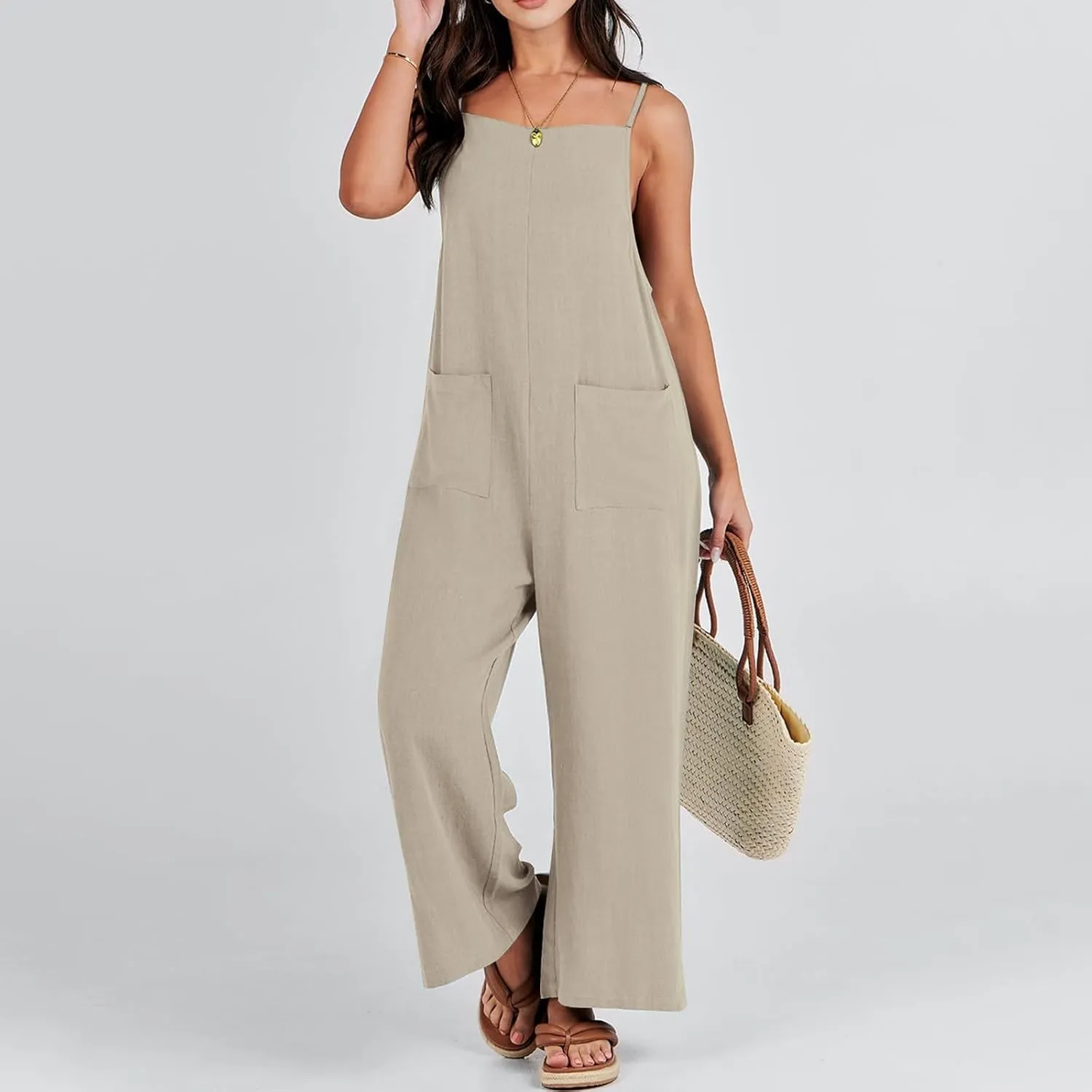 Jumpsuits for Women Casual Wide Leg Jumpsuits Summer Linen Jumpsuit with Pockets Sleeveless Beach Baggy Overall