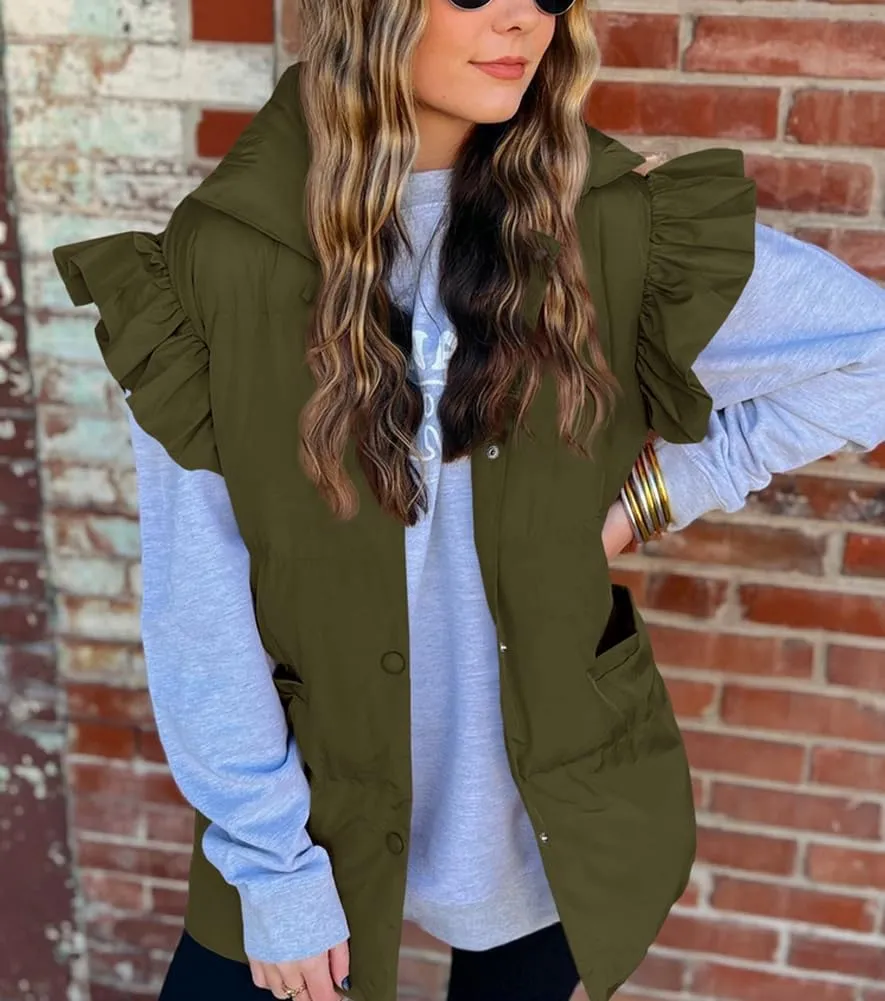 Kedera Women's Ruffle Sleeve Puffy Puffer Vests Winter Button Down Padded Gilet with Pocket