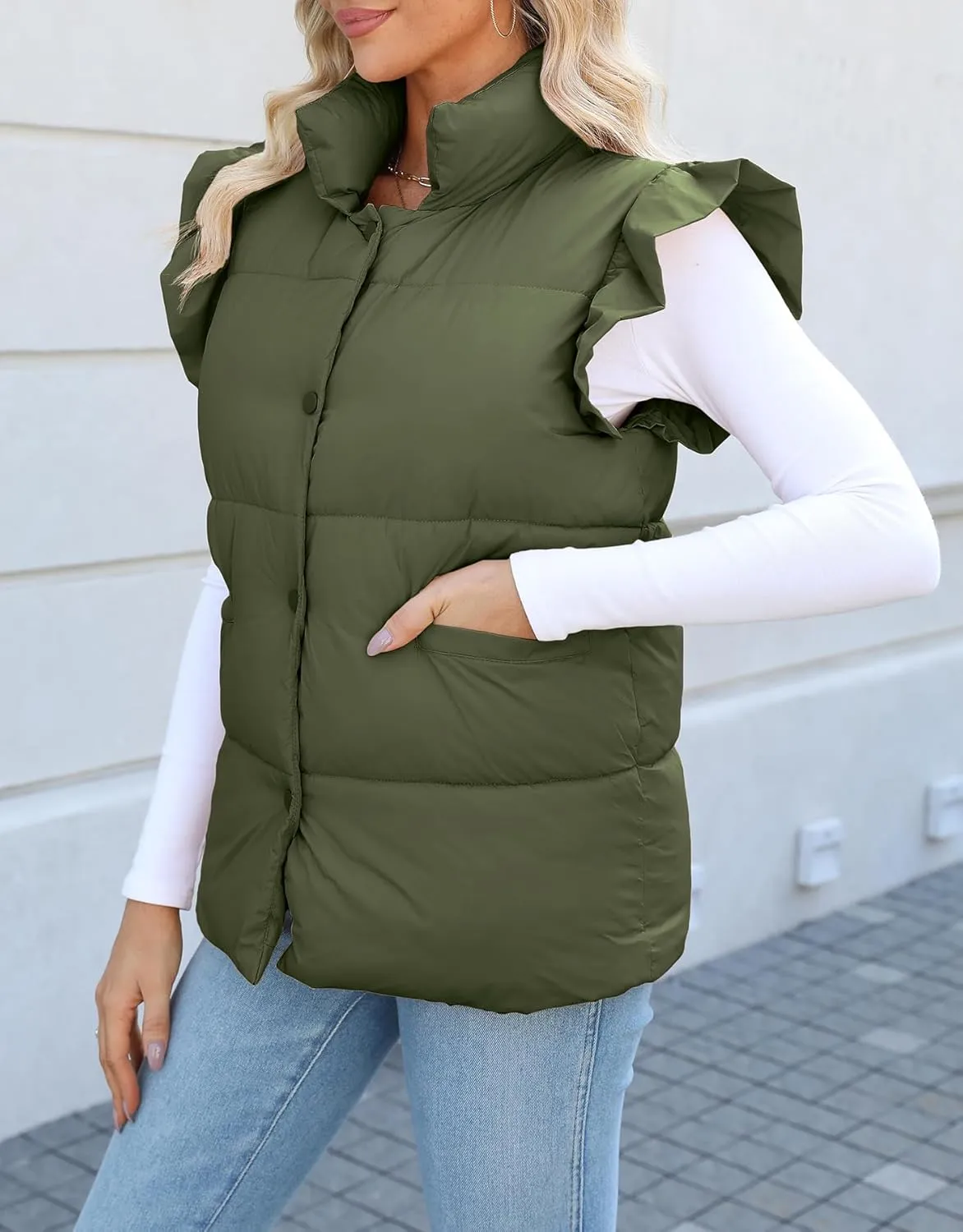 Kedera Women's Ruffle Sleeve Puffy Puffer Vests Winter Button Down Padded Gilet with Pocket